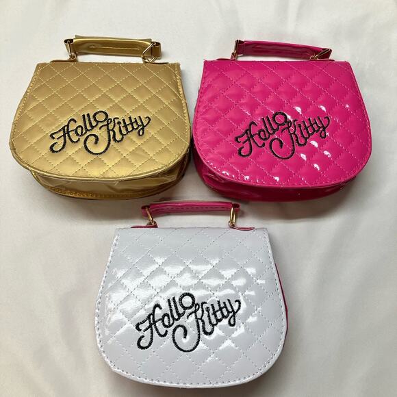 Hello Kitty Clutch Purses Small Bag With Extra Strap (3) Gold Pink White 7” X 7” - Picture 2 of 12